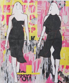 Pink & Yellow Walking Girls_Jane Maxwell, Female Figurative Collage, Mixed Media