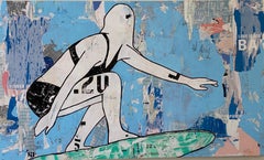 Power Stance- blue mixed media on panel with resin surfing in art
