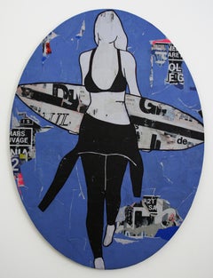 Surfer- Surfing in art oval shaped mixed media painting blues 