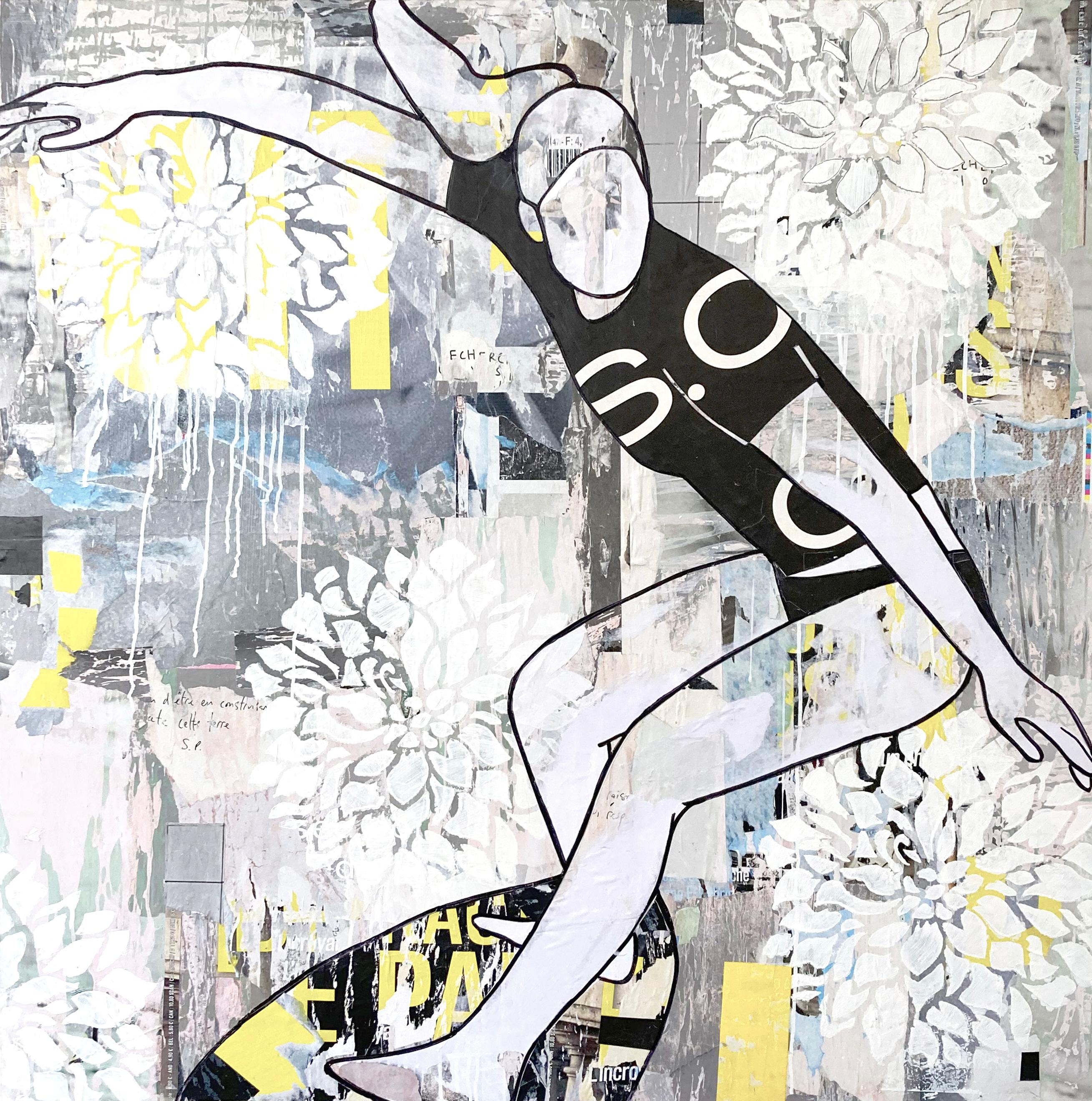 Jane Maxwell Figurative Painting – Floral Surf- figurative weibliche Surferin, Mischtechnik und Harz auf Tafel