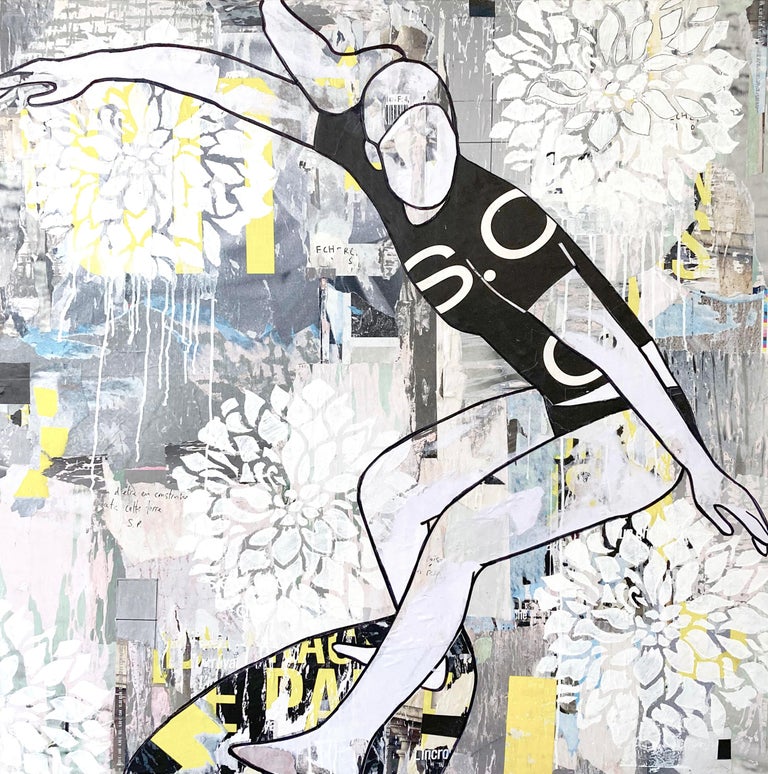 Jane Maxwell Floral Surf figurative female surfer, mixed media and