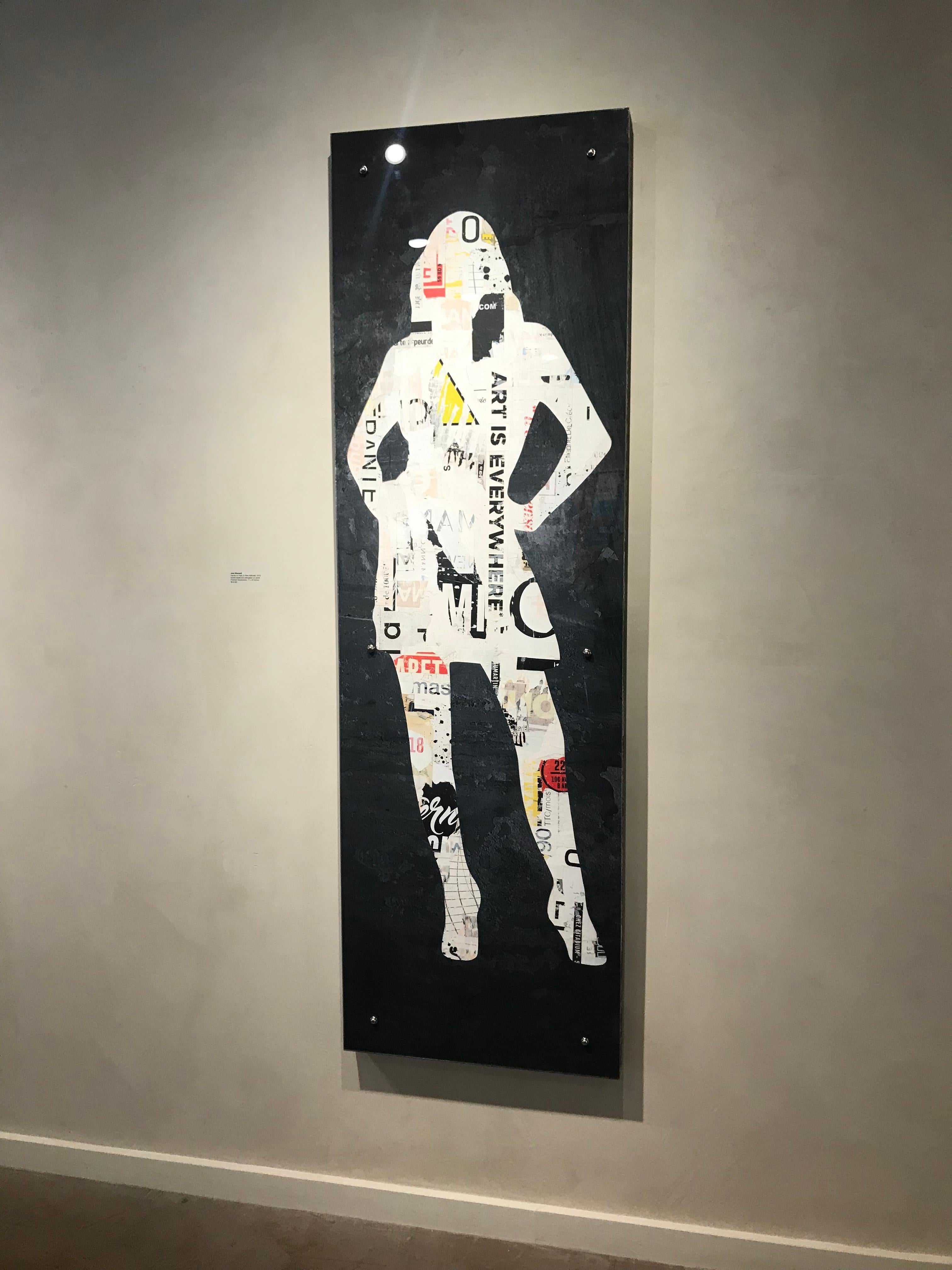 This grey and white mixed media painting by Jane Maxwell shows a  life size silhouette of a female figure in a powerful stance. 
Known for her mixed media inspired by fashion Jane Maxwell combines billboardesque backgrounds with seated women on a