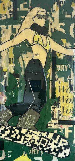 Grüner sexy Schneeschneeboarder_2021_Jane Maxwell, weibliche figurative Collage, Mischtechnik