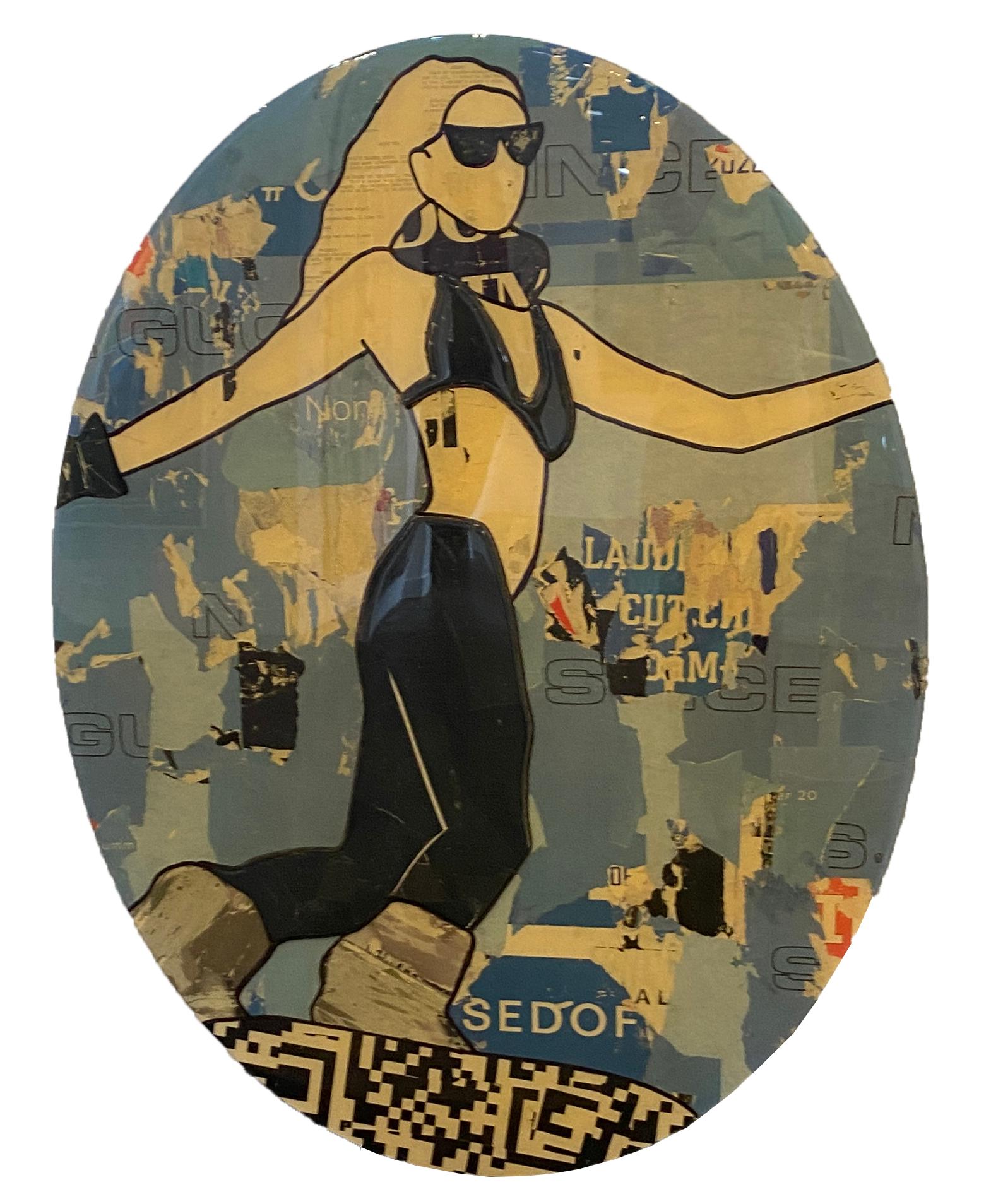 Oval Sexy Snowboarder_2021_Jane Maxwell, Female Figurative Collage, Mixed Media