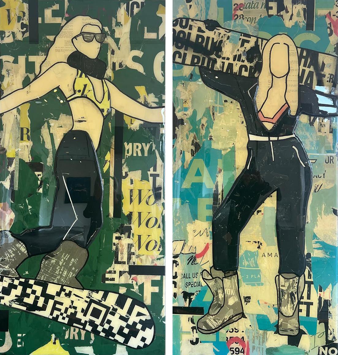 JANE MAXWELL
"Diptyque du skieur sexy" (2 panneaux)
Médias mixtes avec résine sur panneau
58" x 27" chacun  58" x 54" hors tout

Les œuvres de Jane Maxwell abordent le corps féminin dans une perspective féministe affectueuse et festive. Étendant son