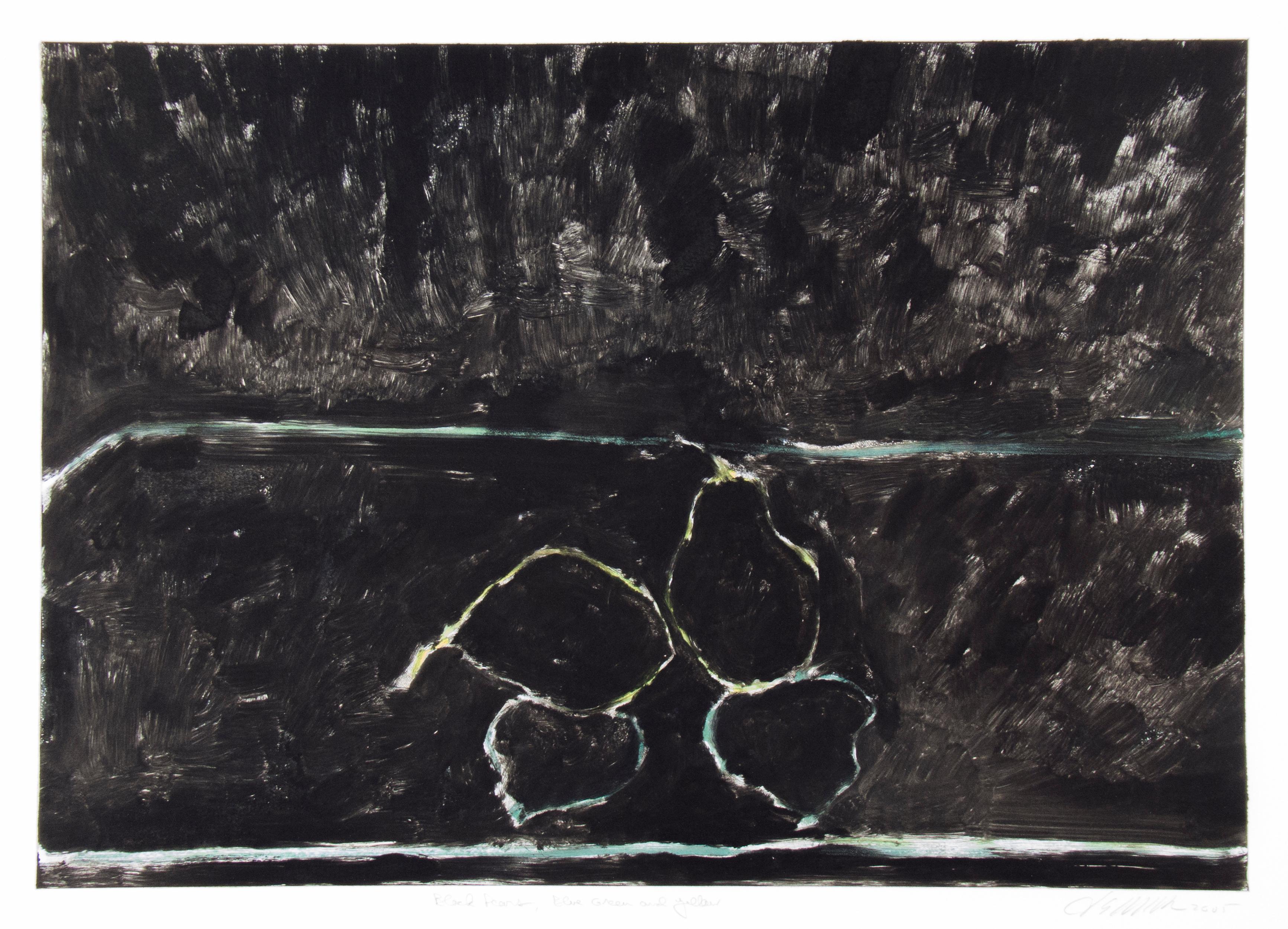 Jane McNichol Still-Life Print - Black Pears; Blue, Green and Yellow