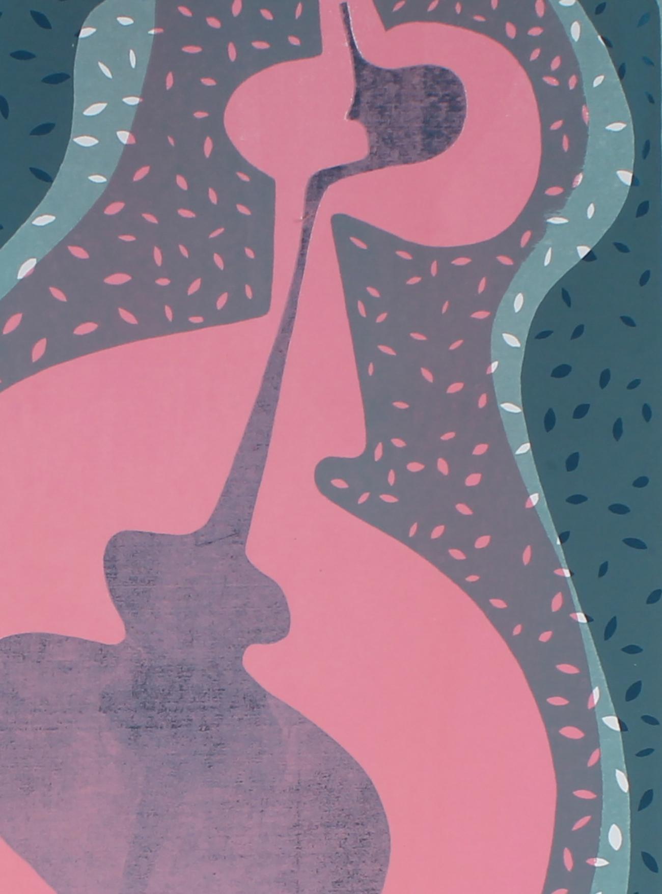 70's Psychedelic Serigraph of Abstracted Figure in Pink and Blue - Print by Jane Mitchell