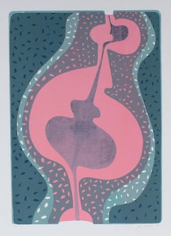 Vintage 70's Psychedelic Serigraph of Abstracted Figure in Pink and Blue