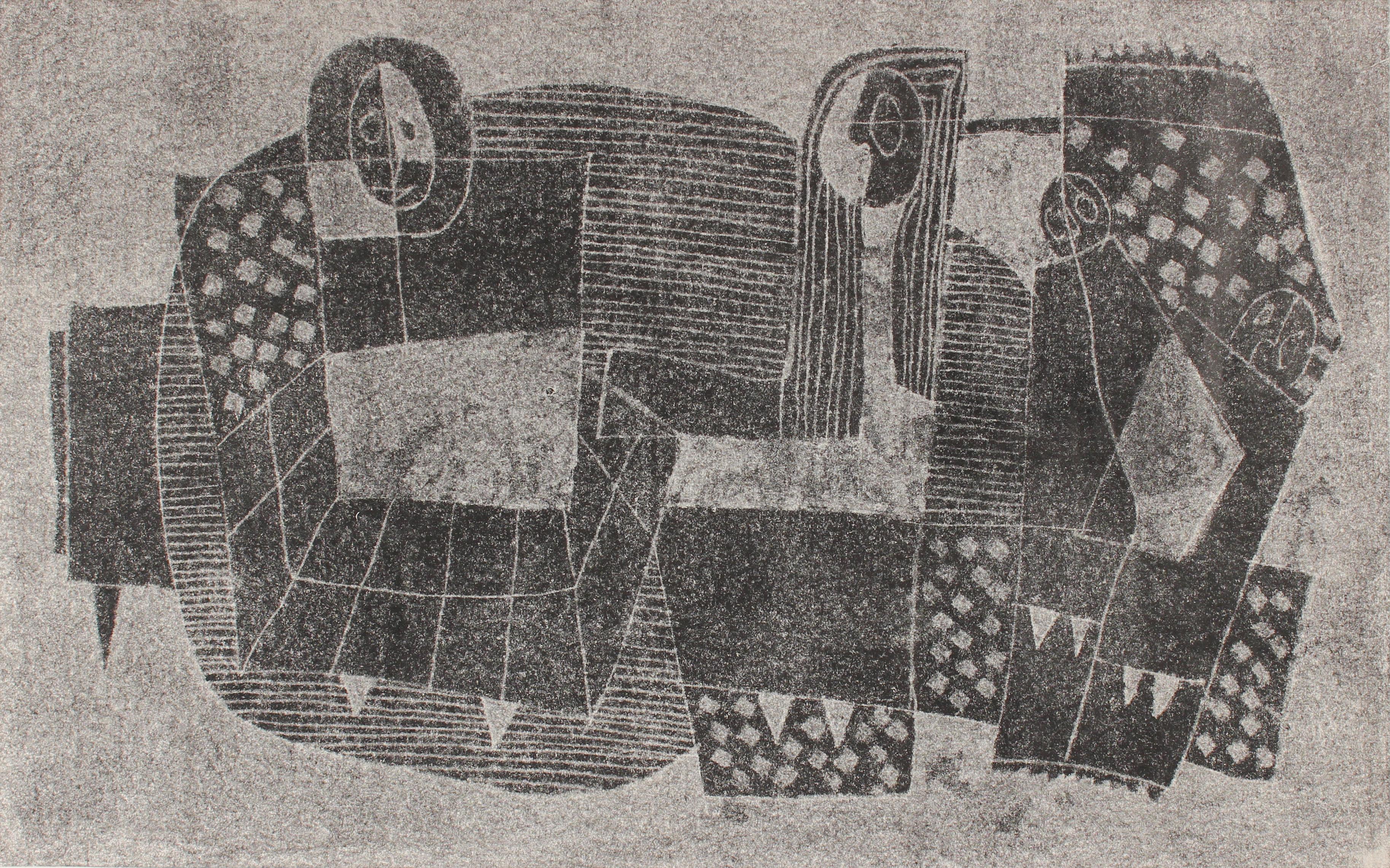 Monochromatic Bauhaus Cubist Figures, Monotype Print on Paper, Circa 1970s For Sale 1