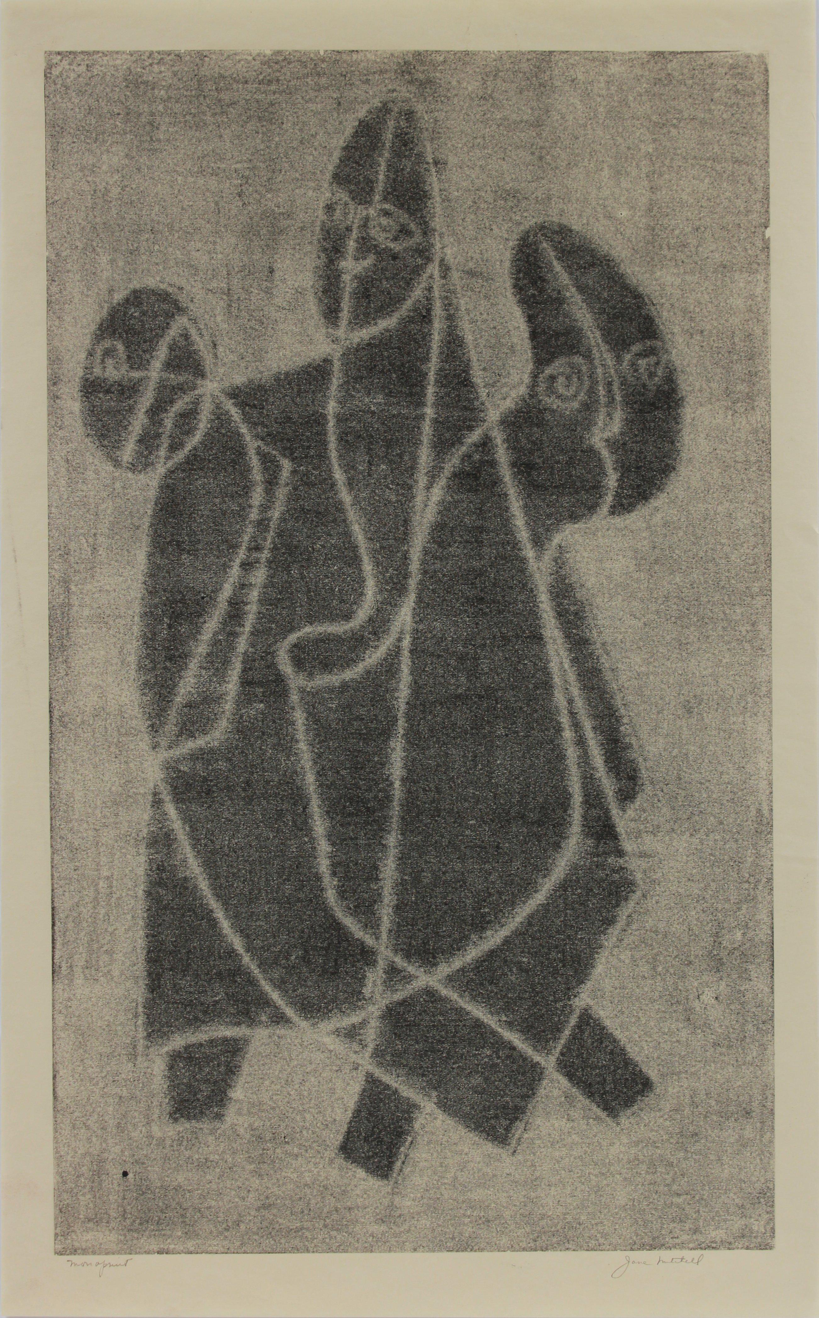 Jane Mitchell Abstract Print - Monochromatic Geometric Figure Trio 1970s Monotype