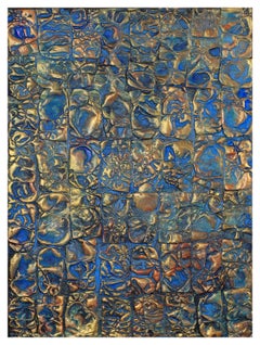 Textural navy blue and golden abstract painting by Jane Nodine