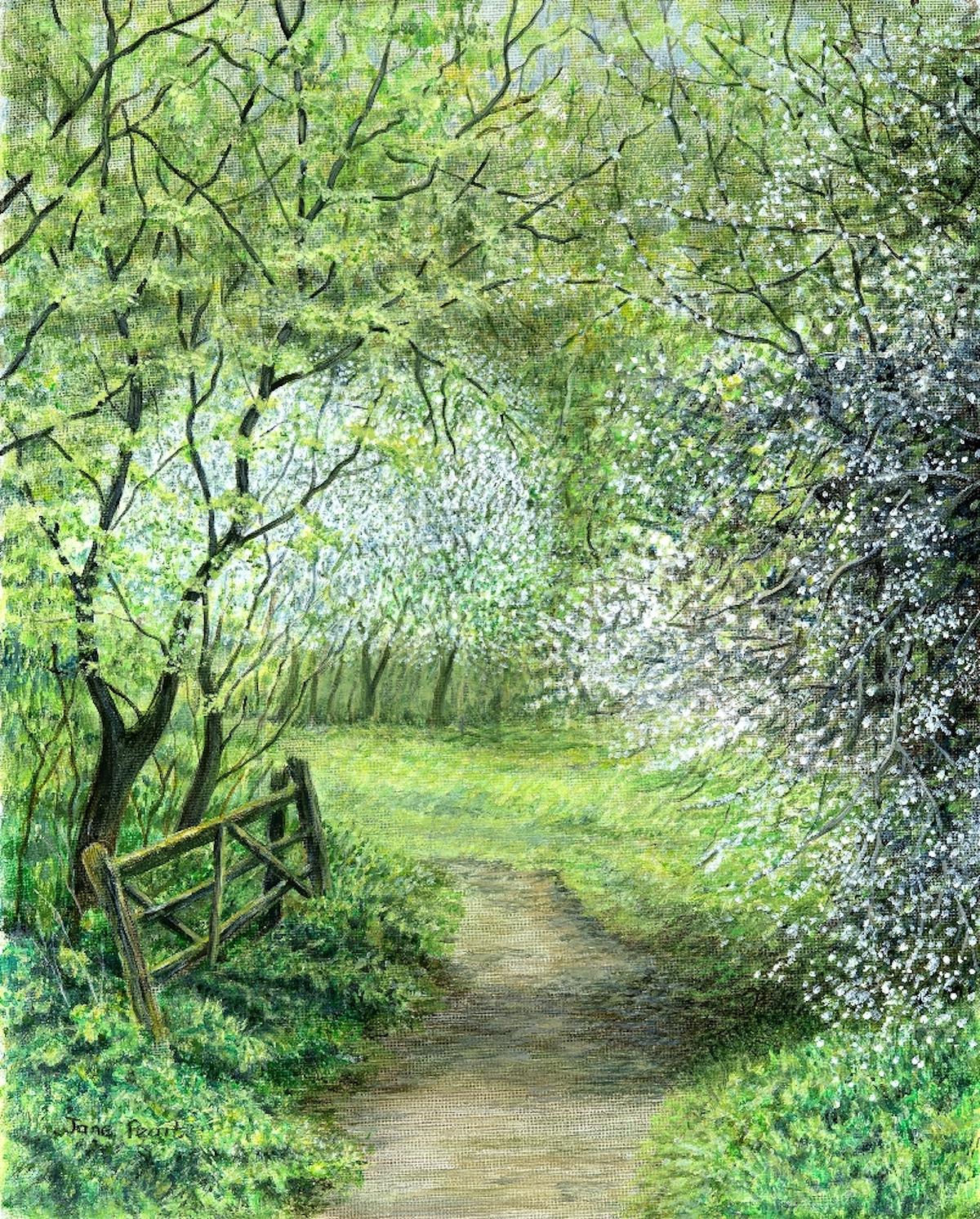 Jane Peart  Figurative Painting - Spring Walk, Jane Peart, Acrylic on Canvas, Landscape art, Original art online