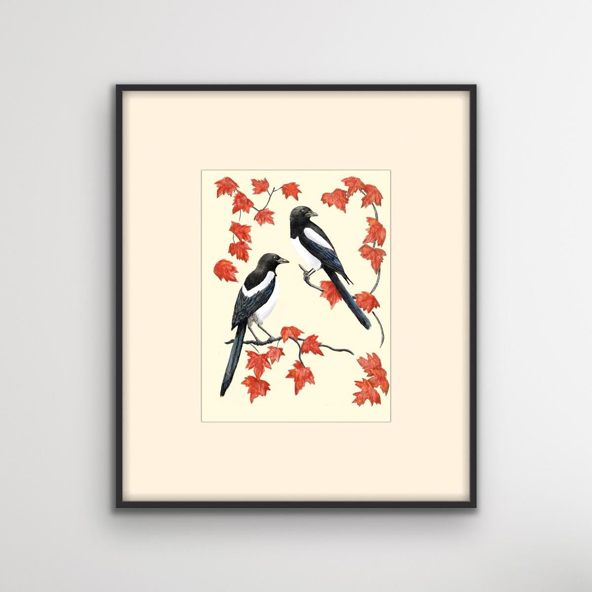 Two Magpies in a tree surrounded by red acer leaves on a cream background. I have made several images of Magpies. I think they are very striking birds and I like the colour combination of red, white, black and cream. The image has a oriental feel to