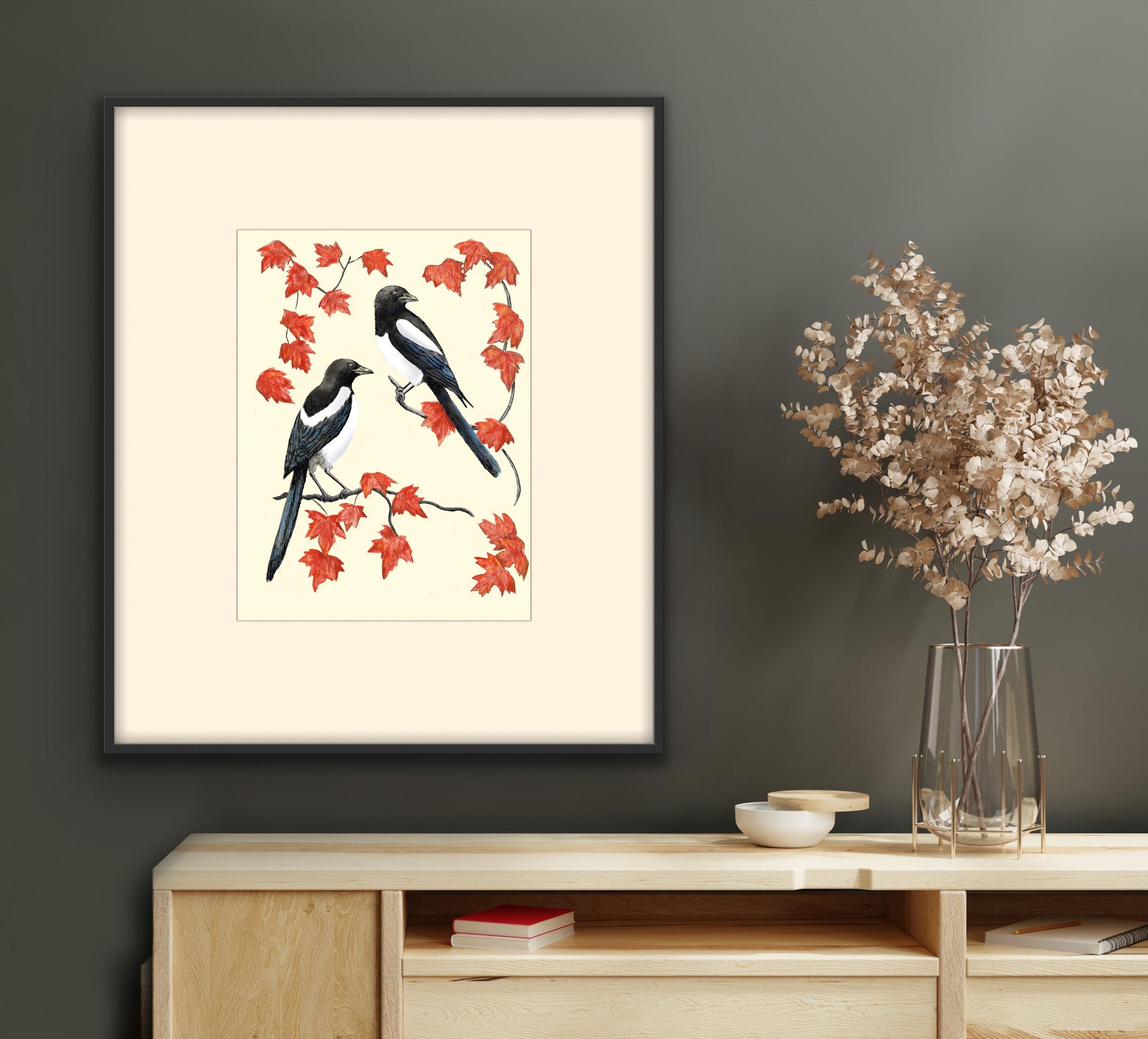 Two More for Joy, Art print, Contemporary, Magpies, Animal art, Birds, Leaf art For Sale 4