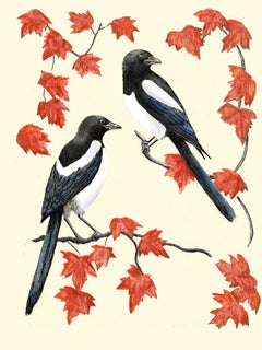 Two More for Joy, Art print, Contemporary, Magpies, Animal art, Birds, Leaf art