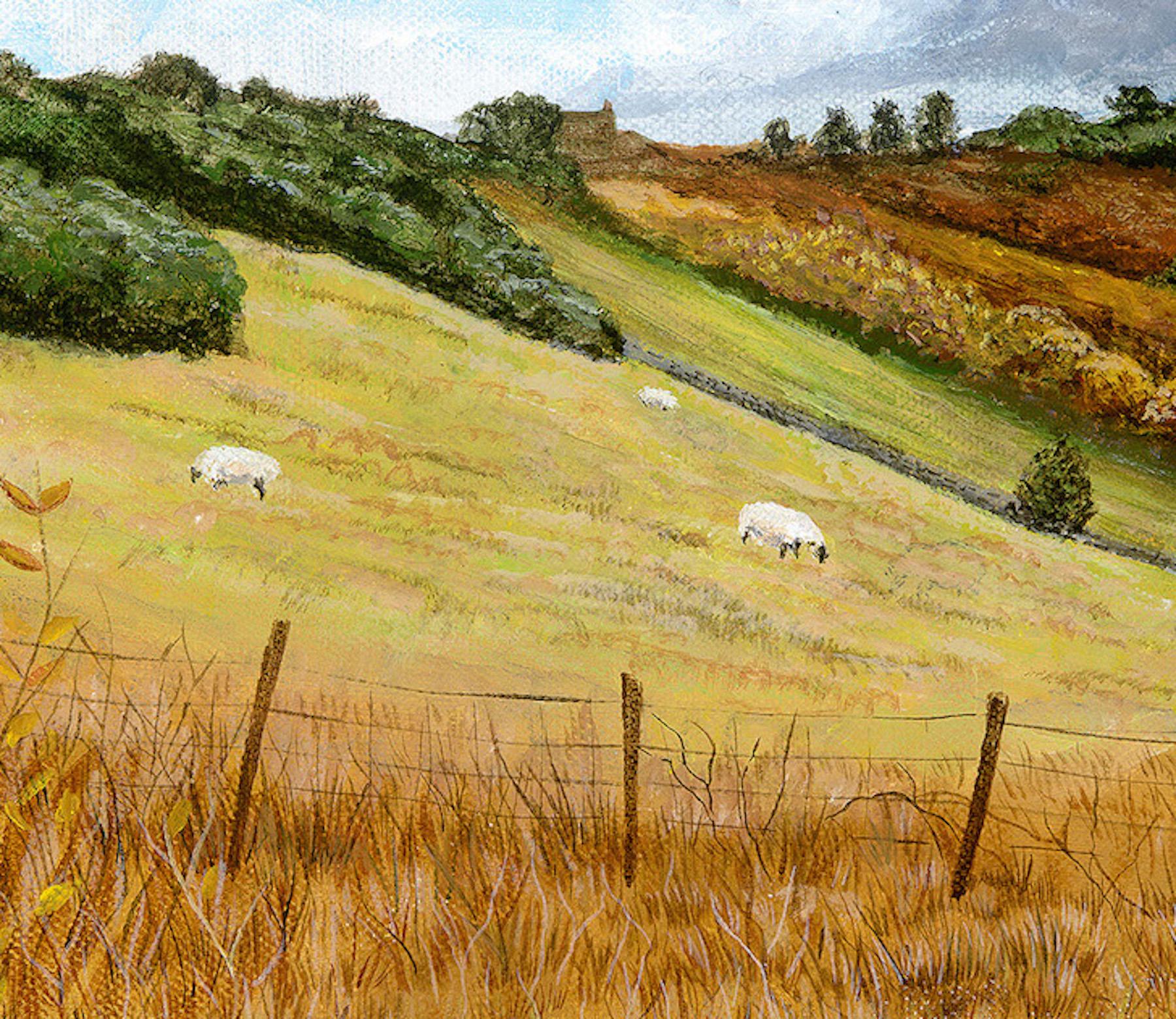Gathering Clouds Over Meadow Traditional English Landscape Painting of Yorkshire - Gray Still-Life Painting by Jane Peart