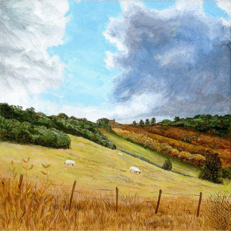 Jane Peart Still-Life Painting - Gathering Clouds Over Meadow Traditional English Landscape Painting of Yorkshire
