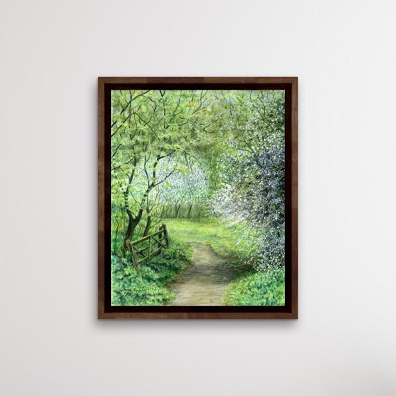 Spring Walk, original painting, landscape art, floral art - Green Landscape Painting by Jane Peart