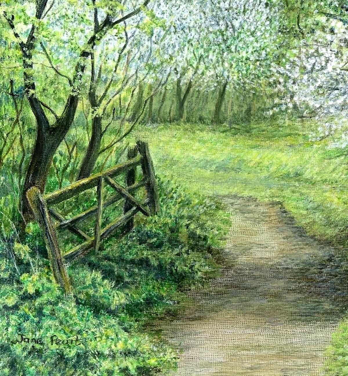 Frühlingsspaziergang, Gemälde im realistischen Stil, traditionelles Holzlandgemälde, Blumenkunst (Grün), Landscape Painting, von Jane Peart