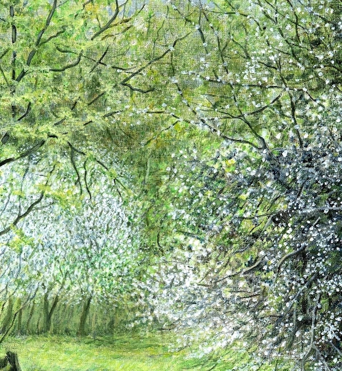 Spring Walk ist ein Original-Acrylgemälde der Künstlerin Jane Peart. Jane nahm Sinter von einem Spaziergang durch den Wald an einem Frühlingstag mit, als die Blüten blühten. Dieses Gemälde fängt wirklich das Licht ein, das durch die Bäume