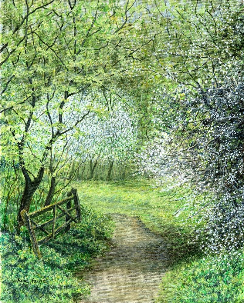 Jane Peart Landscape Painting – Frühlingsspaziergang, Gemälde im realistischen Stil, traditionelles Holzlandgemälde, Blumenkunst