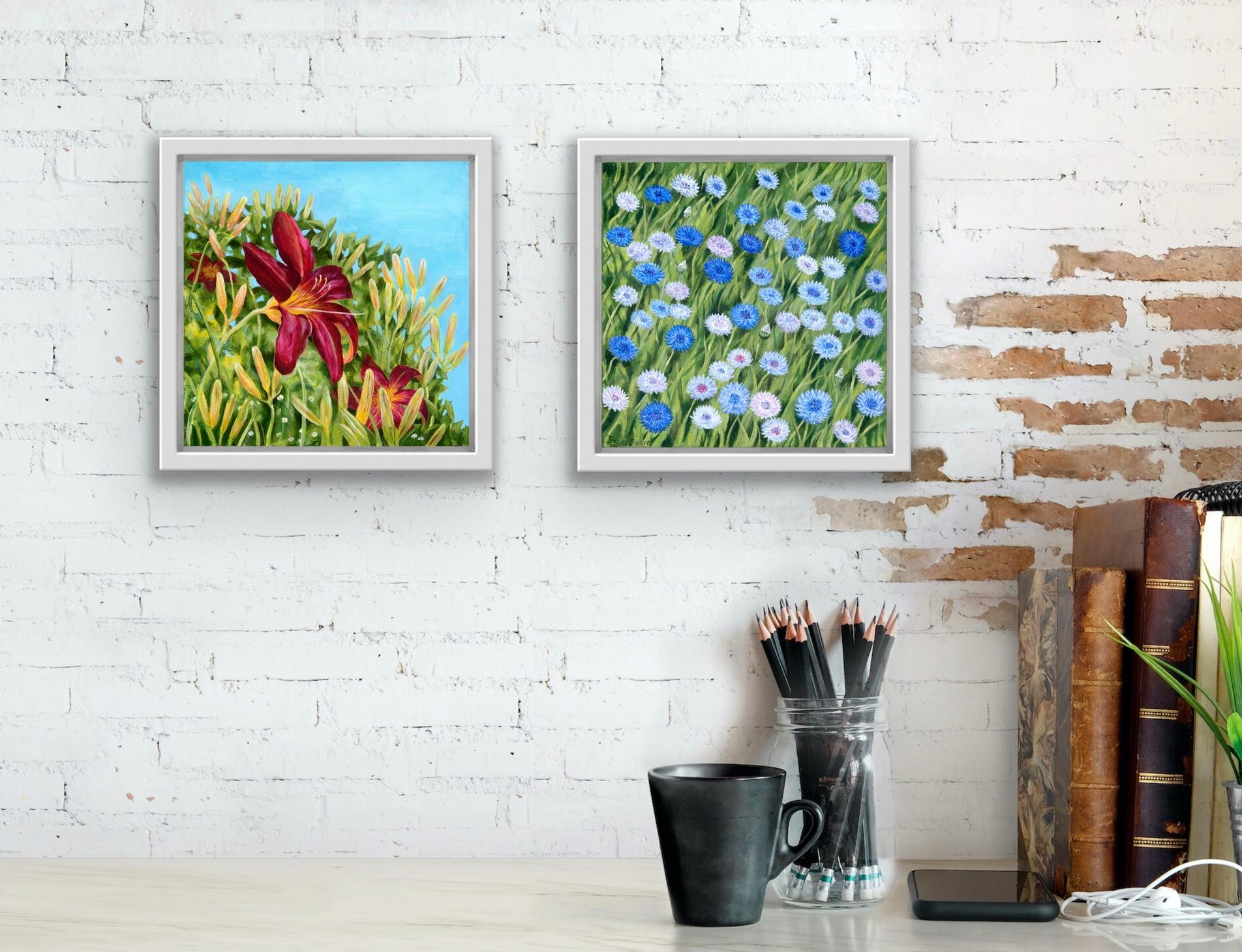 Cornflowers and Daylily diptych - Gray Figurative Print by Jane Peart