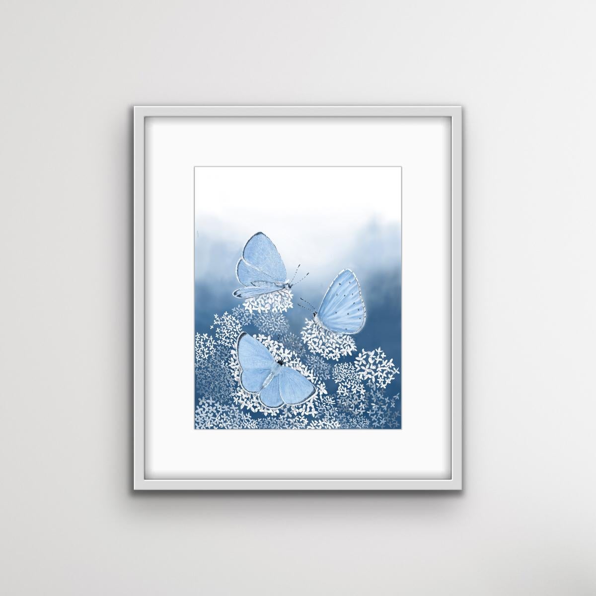 Holly Blue Butterflies, Animal Art, Floral Butterfly Art, Blue and White Art - Contemporary Print by Jane Peart