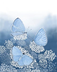 Art des papillons bleu Holly, art des animaux, art floral des papillons, art bleu et blanc