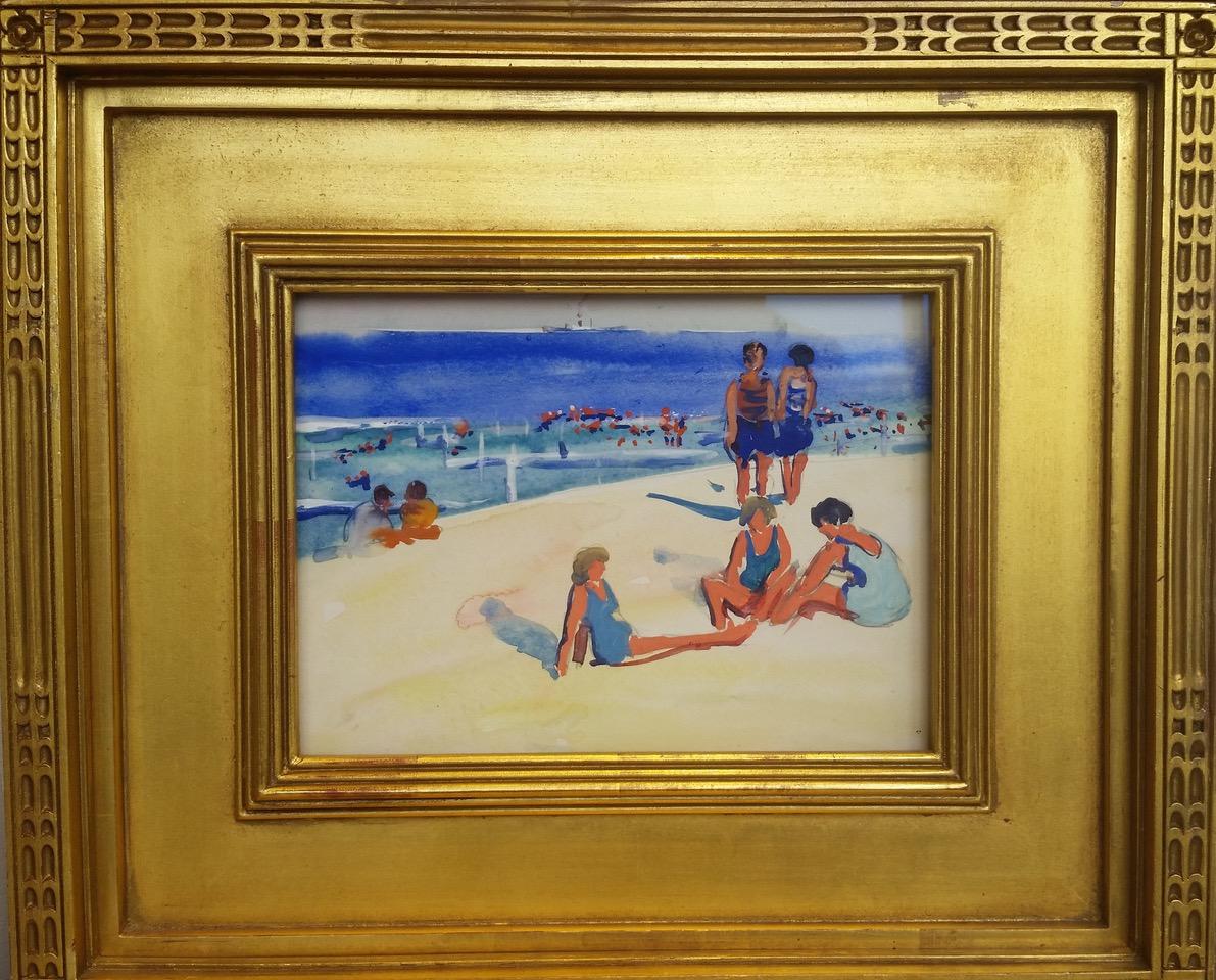 SCÈNE DE PLAGE gouache impressionniste américaine 20e siècle 1030s couleurs vives - Impressionnisme américain Painting par Jane Peterson