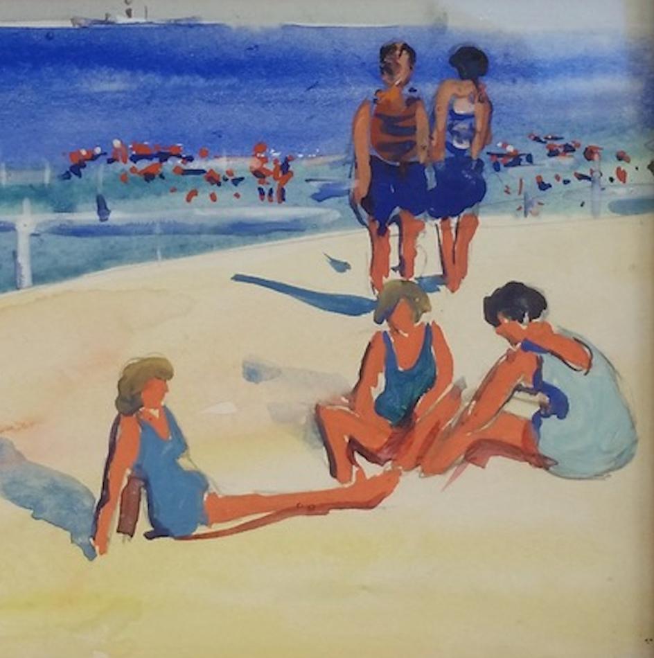 SCÈNE DE PLAGE gouache impressionniste américaine 20e siècle 1030s couleurs vives en vente 1