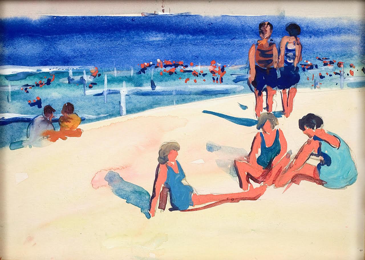 BEACH SCENE Amerikanische impressionistische Gouache des 20. Jahrhunderts, 1030er Jahre, leuchtende Farben
