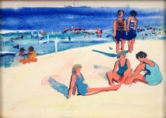 BEACH SCENE Amerikanische impressionistische Gouache des 20. Jahrhunderts, 1030er Jahre, leuchtende Farben