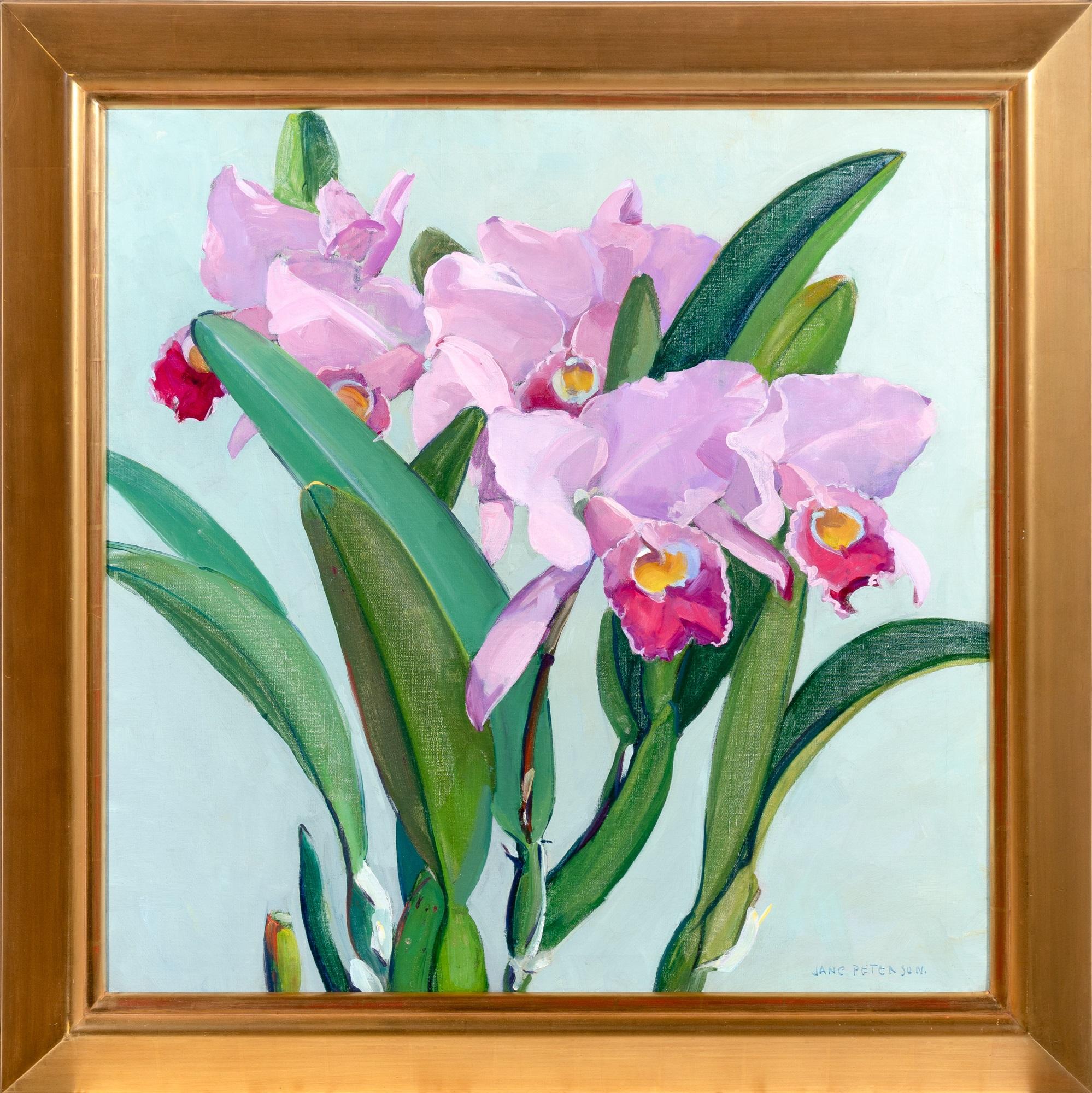 „Cattleya-Orchideen“ Jane Peterson, Modernistische leuchtende Blumen, weiblicher Impressionist im Angebot 1