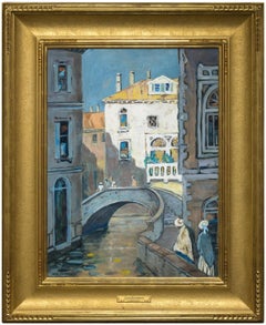 Figures Along a Venetian Canal, Summer - Impressionist Oil on Canvas, Signed