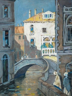 Figures le long d'un canal vénitien, été - Huile impressionniste sur toile, signée