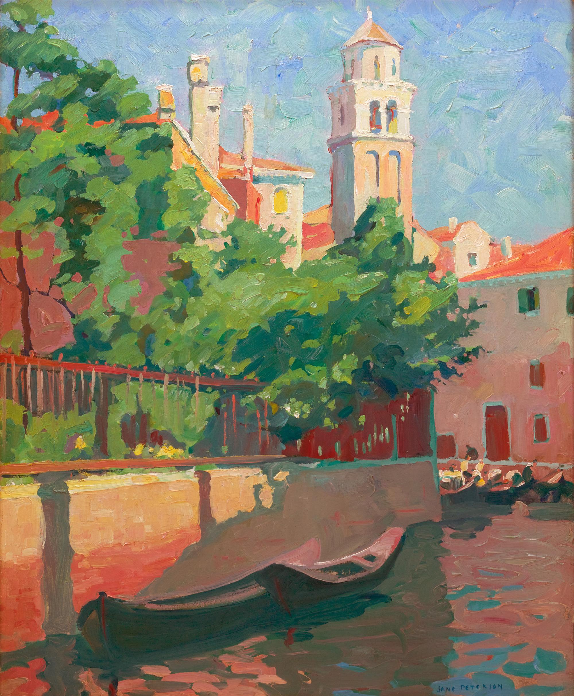 Jane Peterson
1876–1965  American

Gondolas, Venetian Canal

Signed “Jane Peterson” (lower right)
Oil on canvas

This remarkable painting, Gondolas, Venetian Canal, by the esteemed American artist Jane Peterson, stands as a testament to her