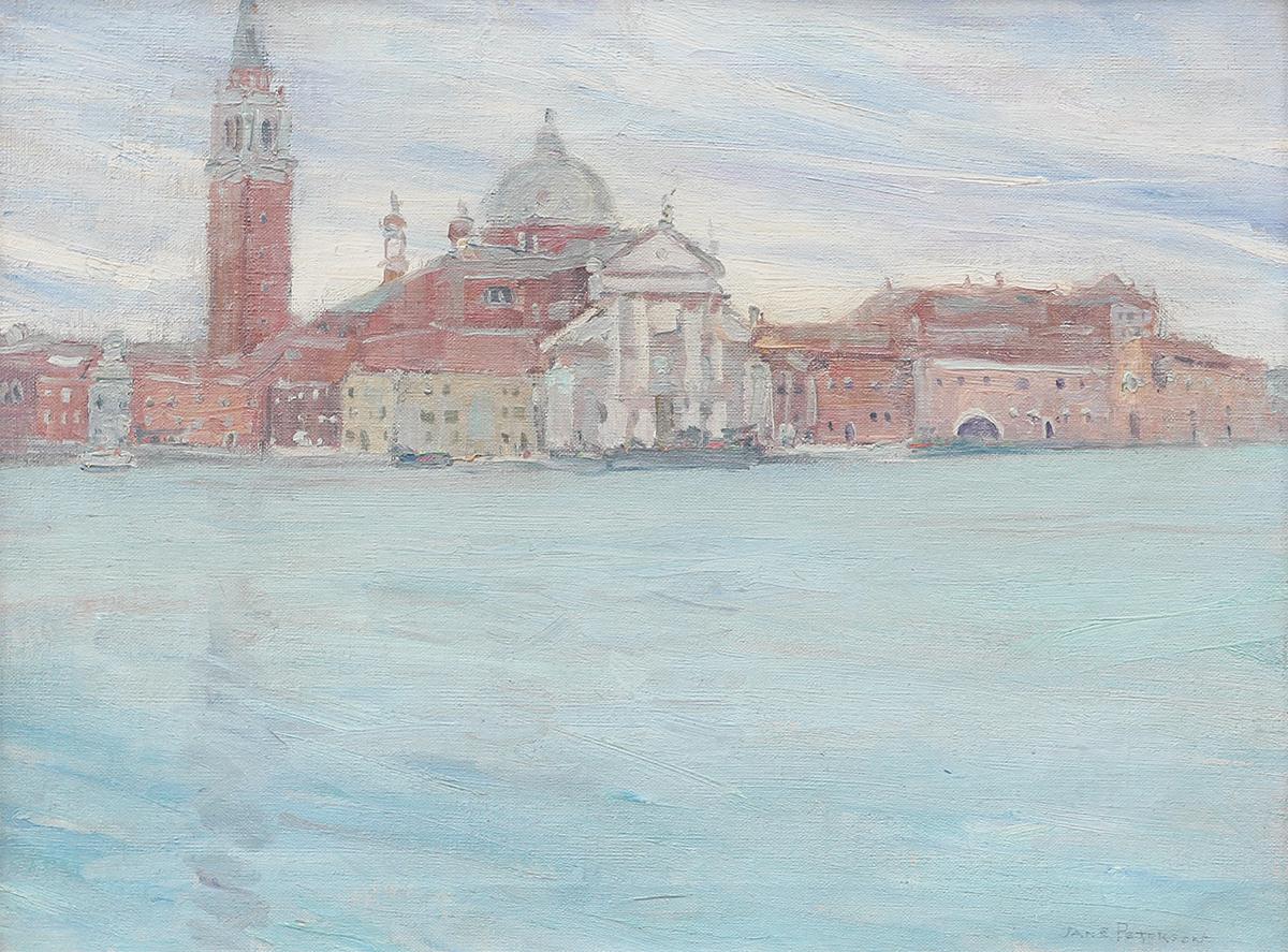 Pastel pink, blue, and purple toned Venice Canal abstract impressionist landscape by American artist Jane Peterson. This painting depicts what seems to be an early morning scene featuring the Grand Canal in Venice, Italy, and the Roman Catholic