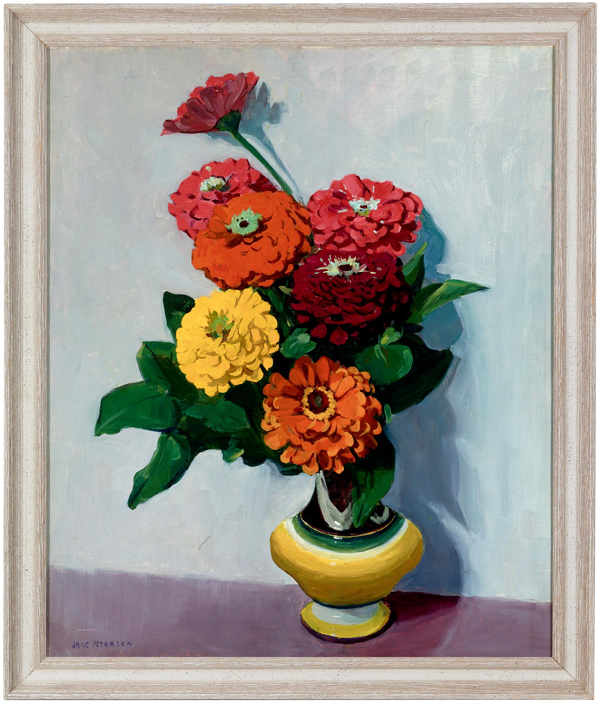 Still Life of Zinnias - Painting by Jane Peterson