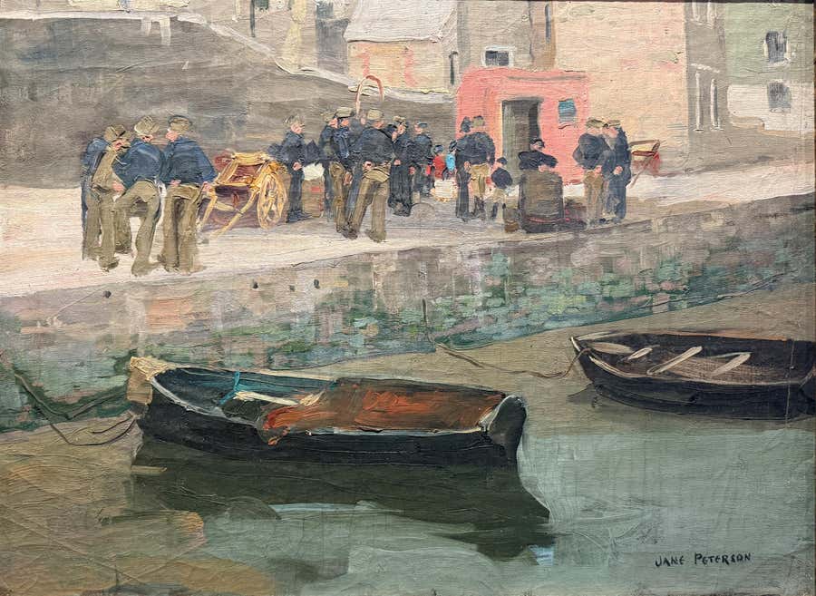 "Stone Wharf, Brittany" Jane Peterson, American Impressionist, Boats in Canal