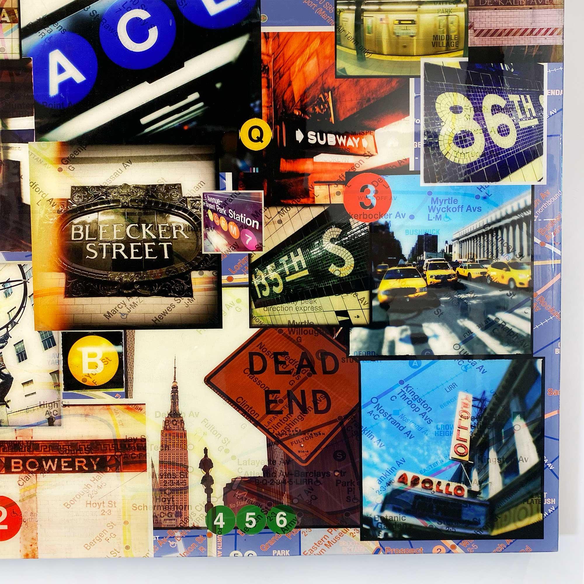 New York City, points de repère emblématiques de la ville et collage de photos de métro sur panneau avec résine 1