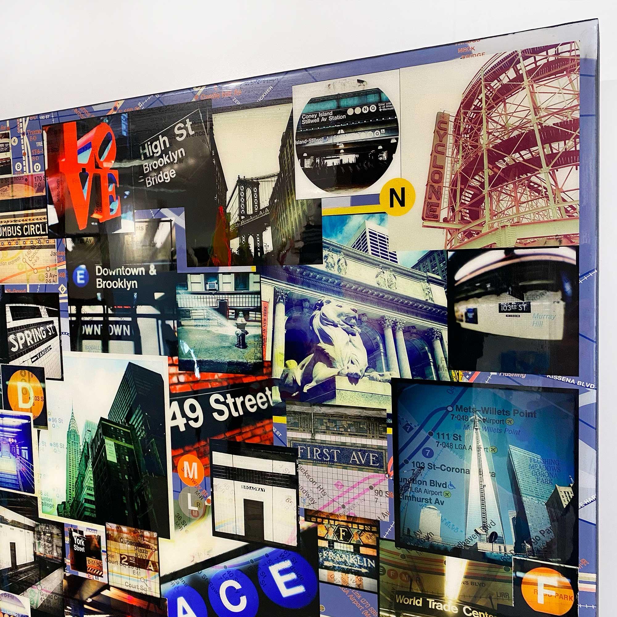 New York City, points de repère emblématiques de la ville et collage de photos de métro sur panneau avec résine 2