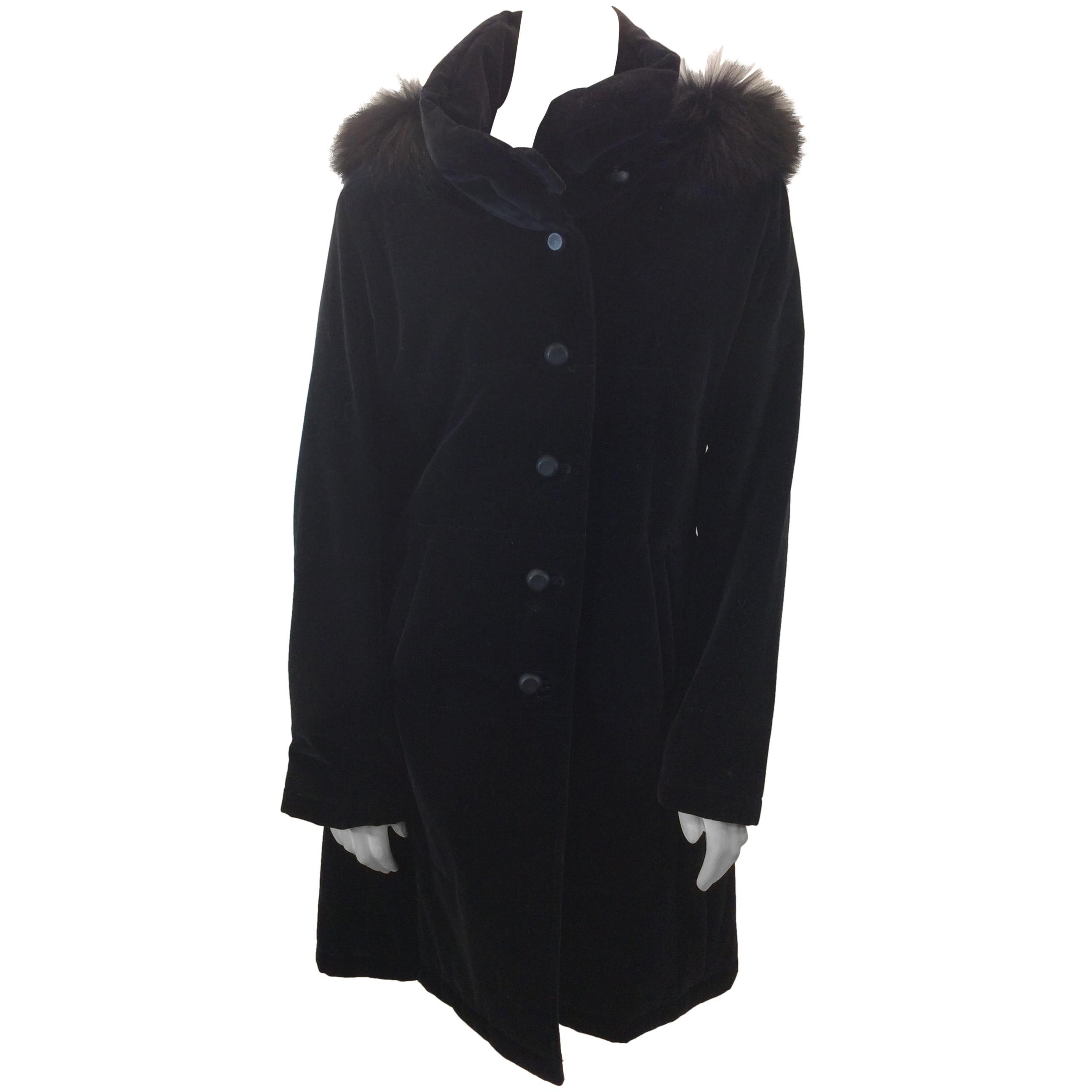 Jane Post Black Velvet with Fox Fur Trim Coat NWT For Sale