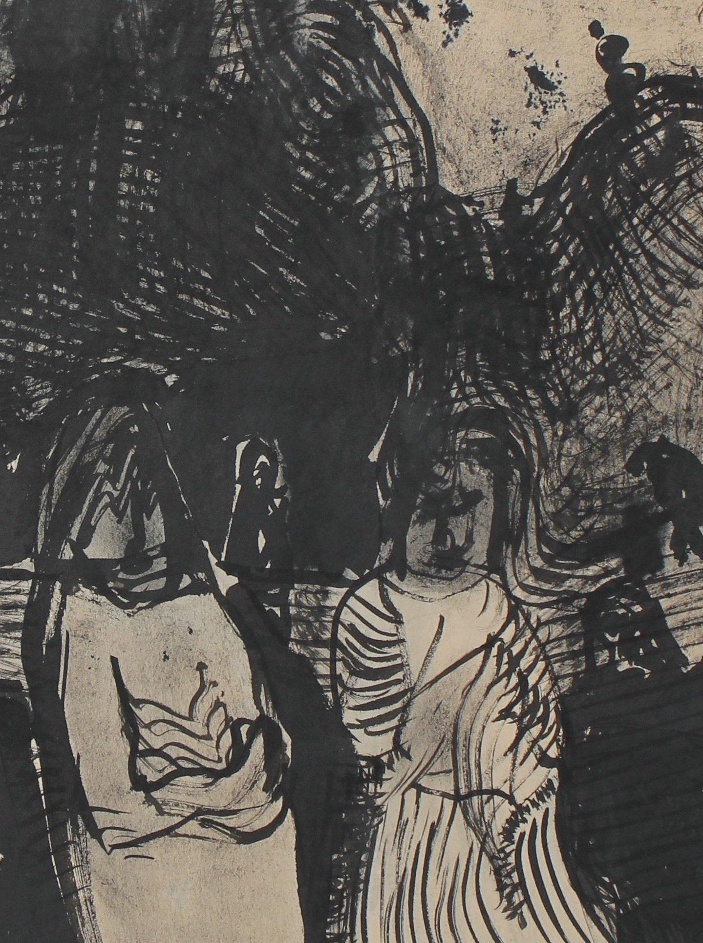 Figures in the Storm 20th Century Ink - Painting by Jane Rades