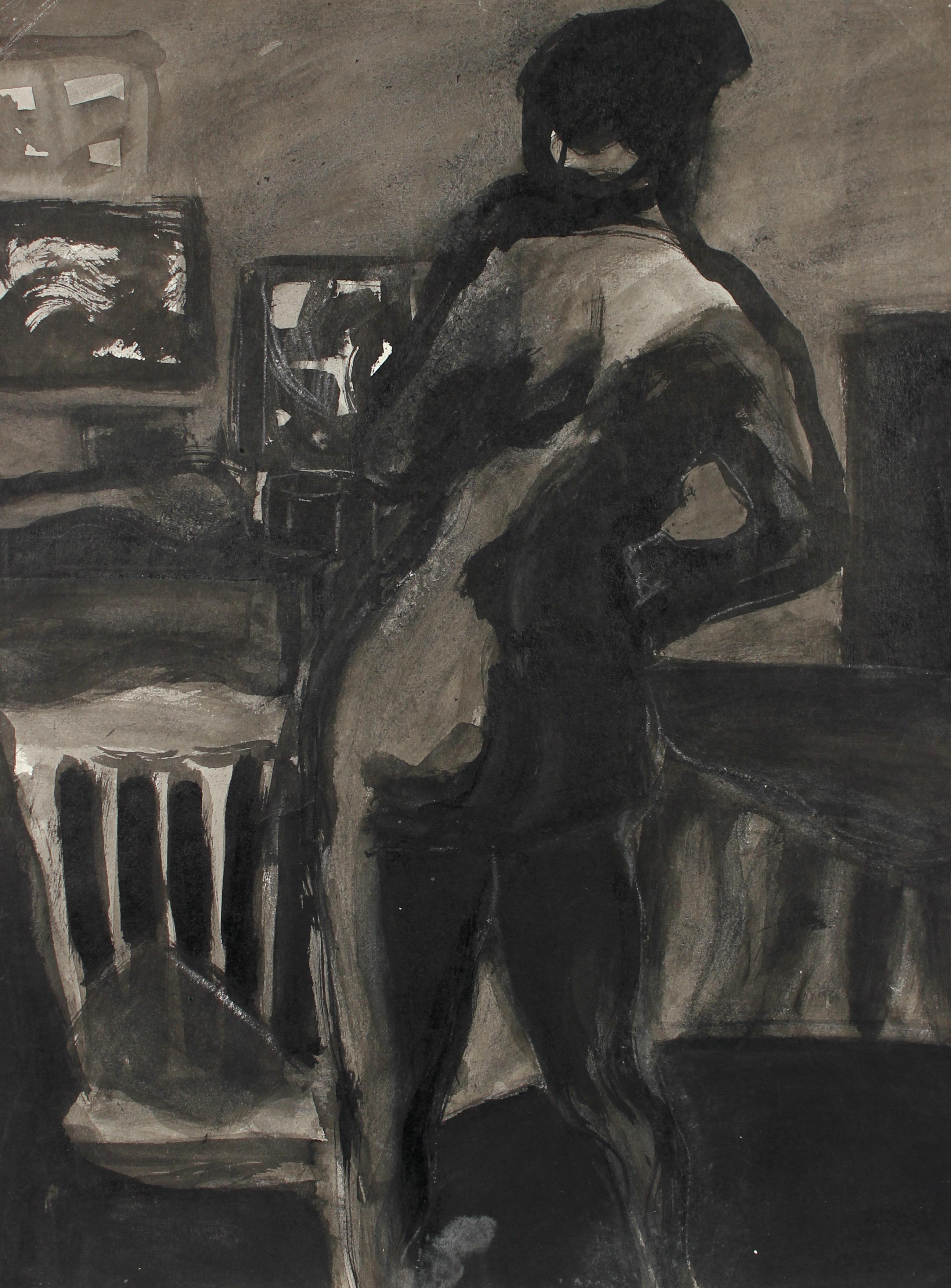 Moody Monochromatic Standing Ink Nude With Chair Mid-Late 20th Century - Art by Jane Rades
