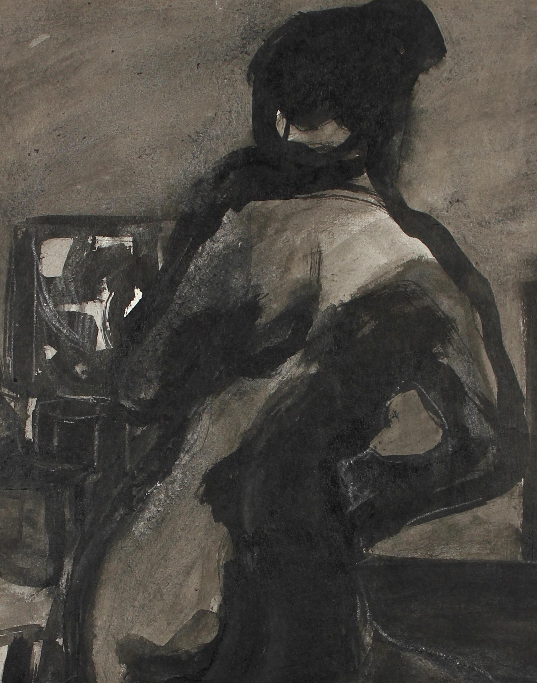 Jane Rades Figurative Art - Moody Monochromatic Standing Ink Nude With Chair Mid-Late 20th Century