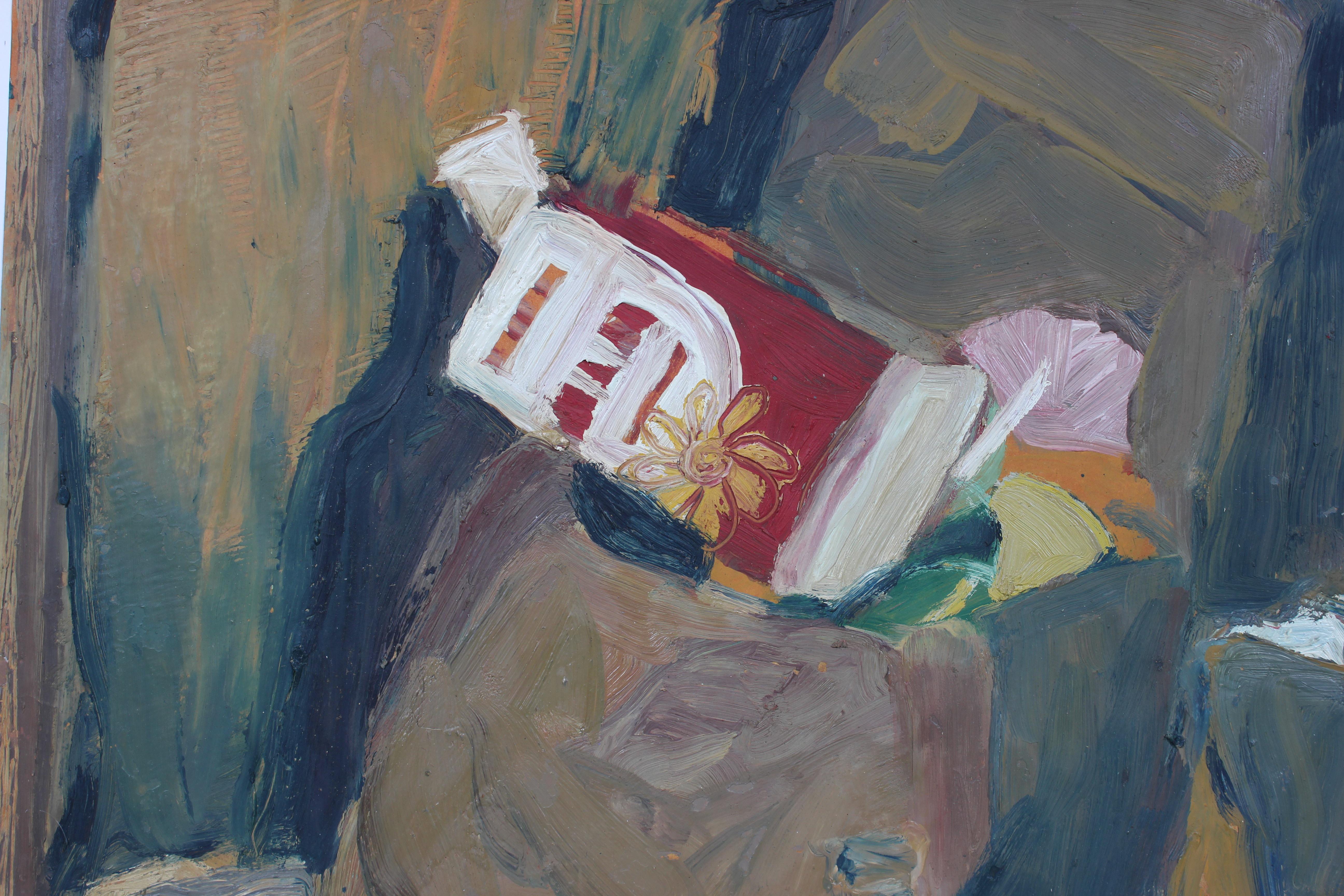 Muted Still Life in Oil Paint with Grocery Bags and Bottles, Circa 1960s - Painting by Jane Rades