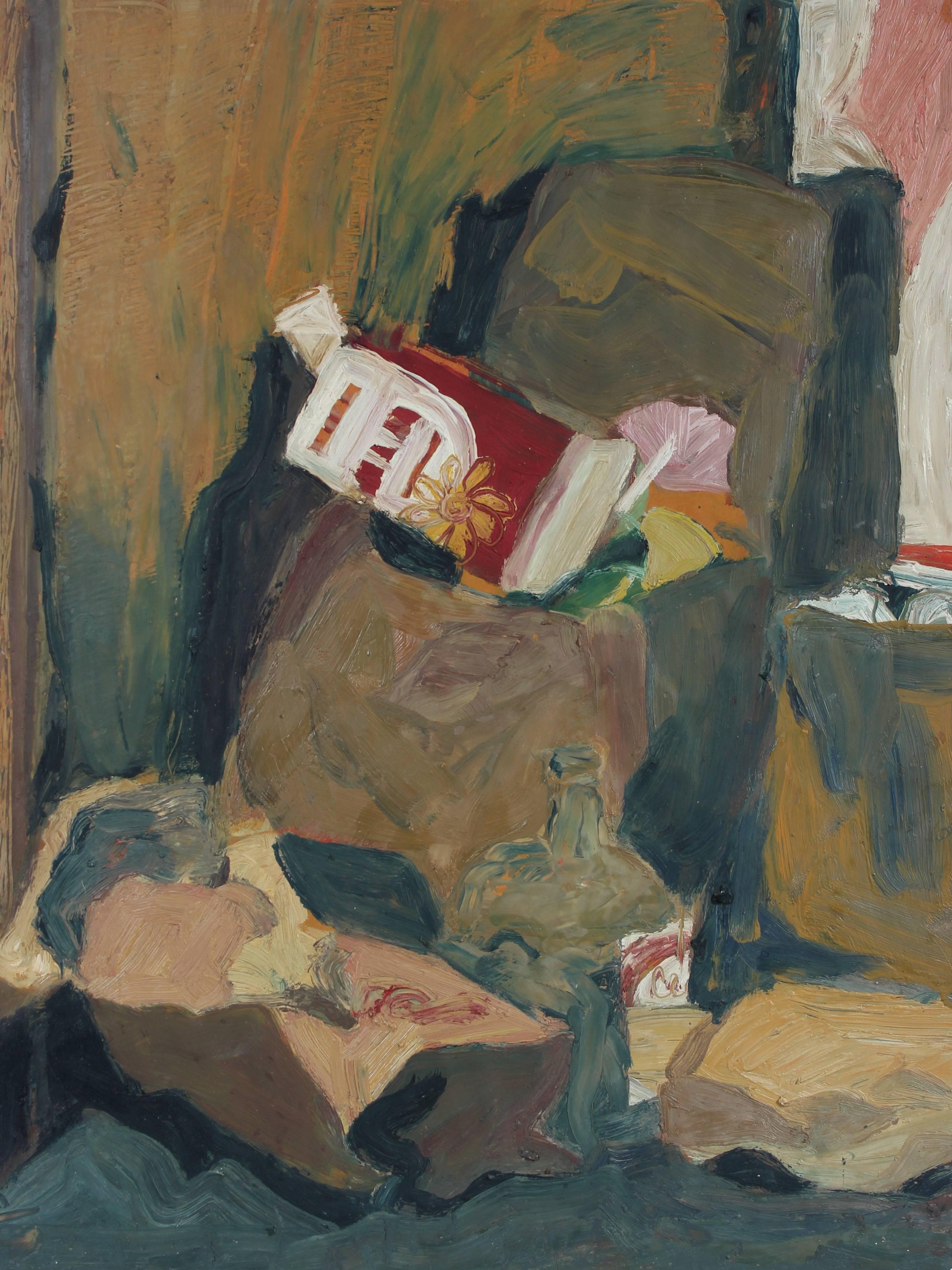 Jane Rades Still-Life Painting - Muted Still Life in Oil Paint with Grocery Bags and Bottles, Circa 1960s