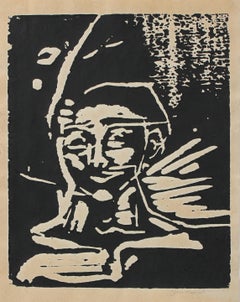 Expressionistisches Linocut-Porträt aus der Mitte des späten 20. Jahrhunderts