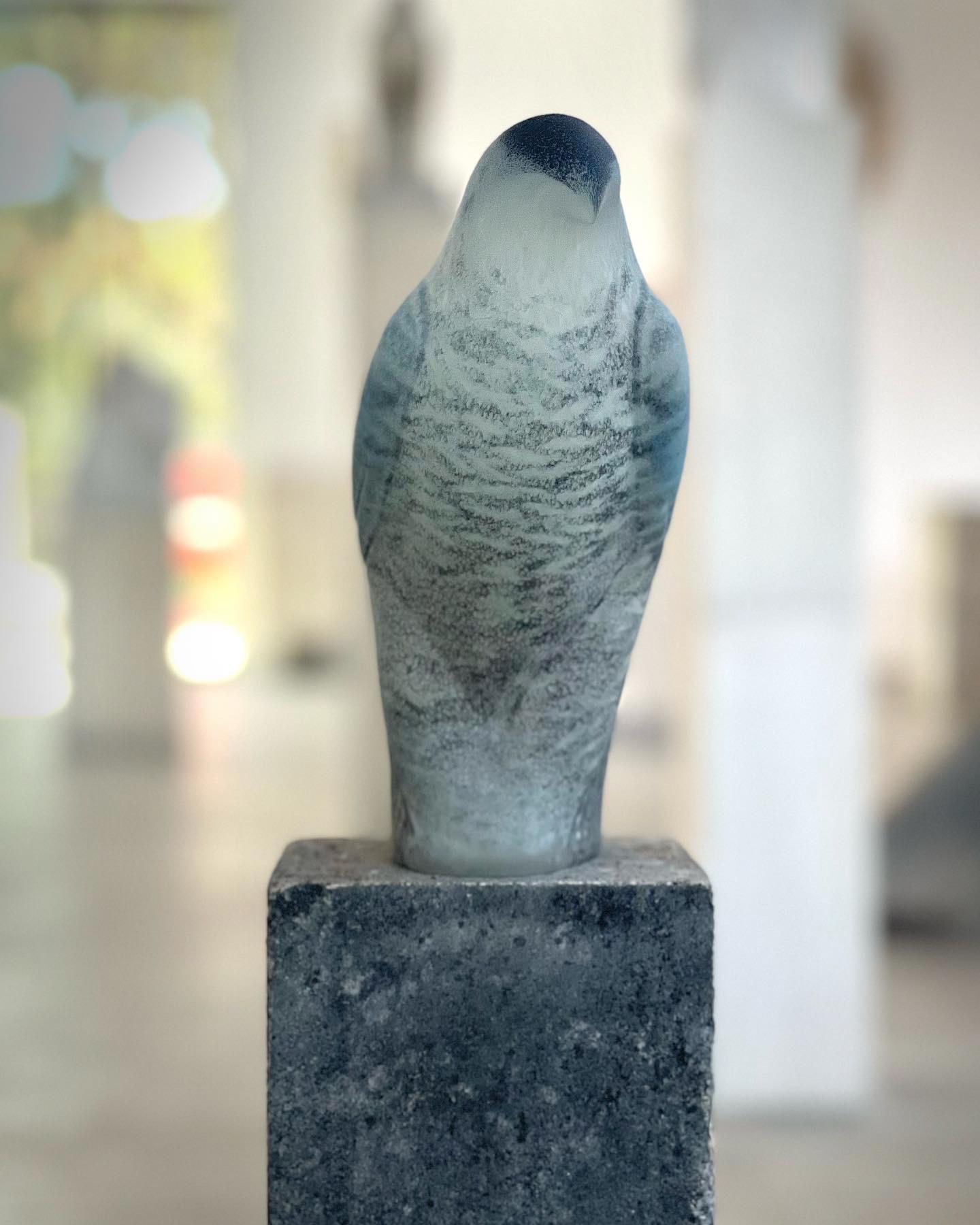 Hand blown pigmented glass and hand carved limestone from the renowned studio of Jane Rosen. 

Bird:  10" x 6" x 5"
Grey Limestone Base: 8" x 6" x 6"
Green Glass Base:  1" x 10" x 10"    
Total Dimension:  19" x 10" x 10"

**Additional Tall, Light