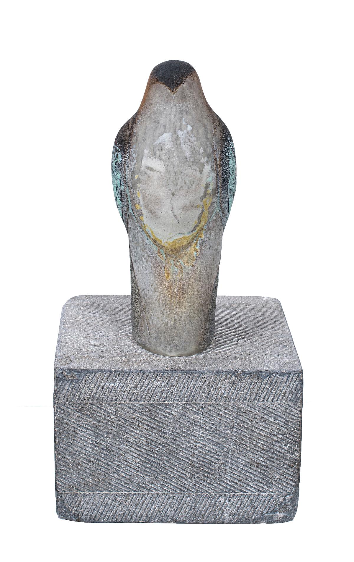 Hand blown pigmented glass and carved grey stone, from the renowned studio of Jane Rosen. 

Bird:  12